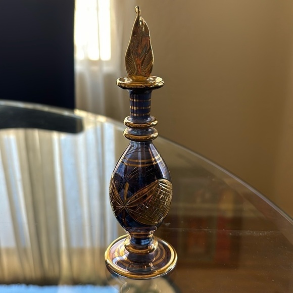 Egyptian Purple and Gold Glass Perfume Bottle with Stopper - Picture 4 of 7